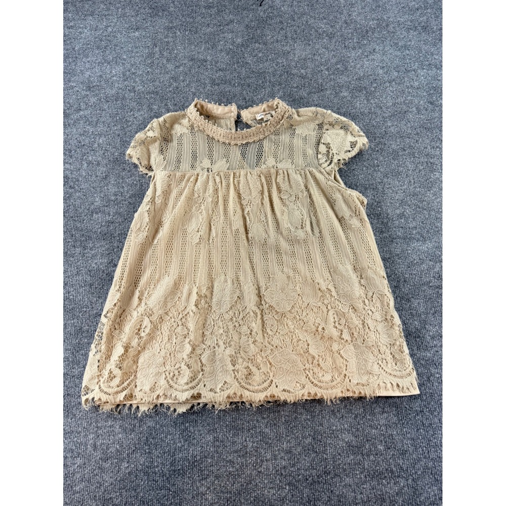 Ultra Pink Women XL Beige Lace Cap Sleeve High Neck Keyhole Blouse Top
